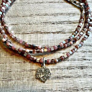 Dainty Peach Sunstone & Silver Hematite Wire Wrap Bracelet w/ Maple Leaf